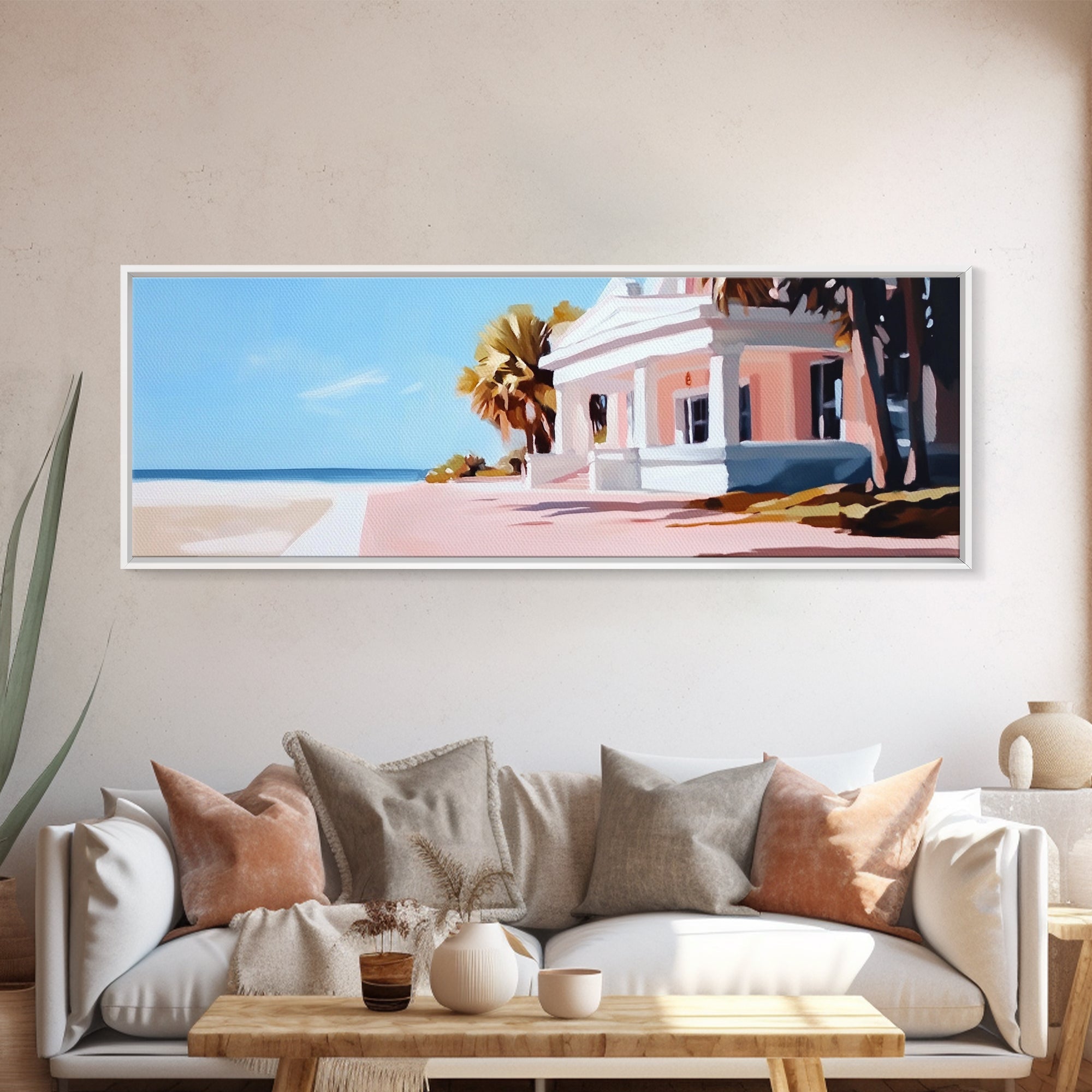 Beach House, Coastal Art, Modern Seascape, Framed Canvas Print, Living Room Wall Art, Pastel Ocean, Minimalist Decor, Nautical Home - Che Cose Belle