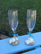 Beach Wedding Toasting Champagne Glasses Keepsake Flutes Rustic Twine and Real Heart Seashells Mini Sand Dollars Starfish Aqua Limpet Shells - Che Cose Belle