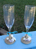 Beach Wedding Toasting Champagne Glasses Keepsake Flutes Rustic Twine and Real Heart Seashells Mini Sand Dollars Starfish Aqua Limpet Shells - Che Cose Belle