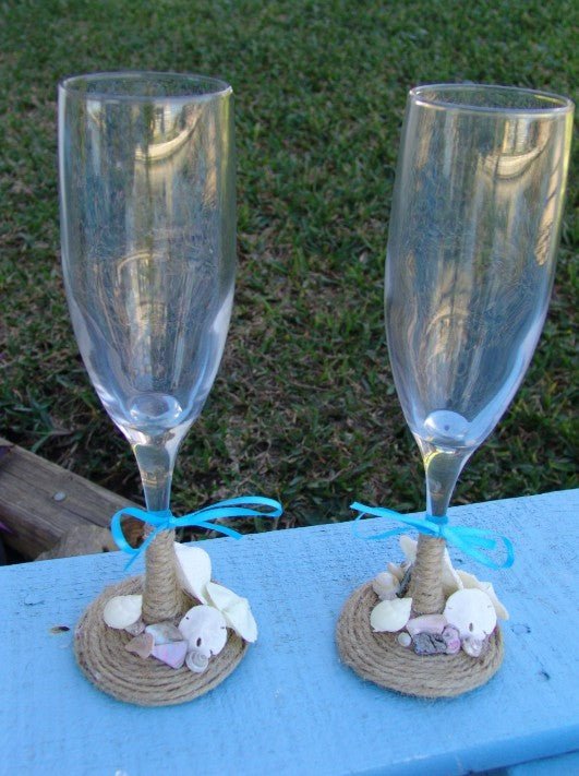 Beach Wedding Toasting Champagne Glasses Keepsake Flutes Rustic Twine and Real Heart Seashells Mini Sand Dollars Starfish Aqua Limpet Shells - Che Cose Belle