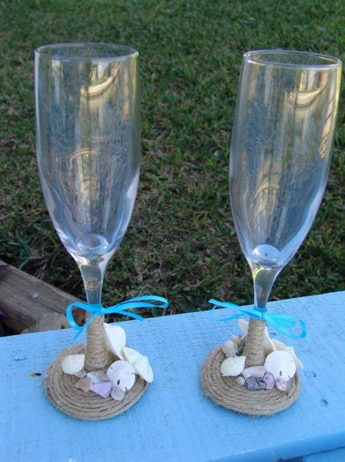 Beach Wedding Toasting Champagne Glasses Keepsake Flutes Rustic Twine and Real Heart Seashells Mini Sand Dollars Starfish Aqua Limpet Shells - Che Cose Belle