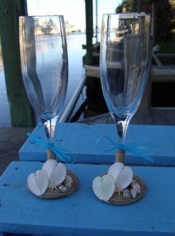 Beach Wedding Toasting Champagne Glasses Keepsake Flutes Rustic Twine and Real Heart Seashells Mini Sand Dollars Starfish Aqua Limpet Shells - Che Cose Belle