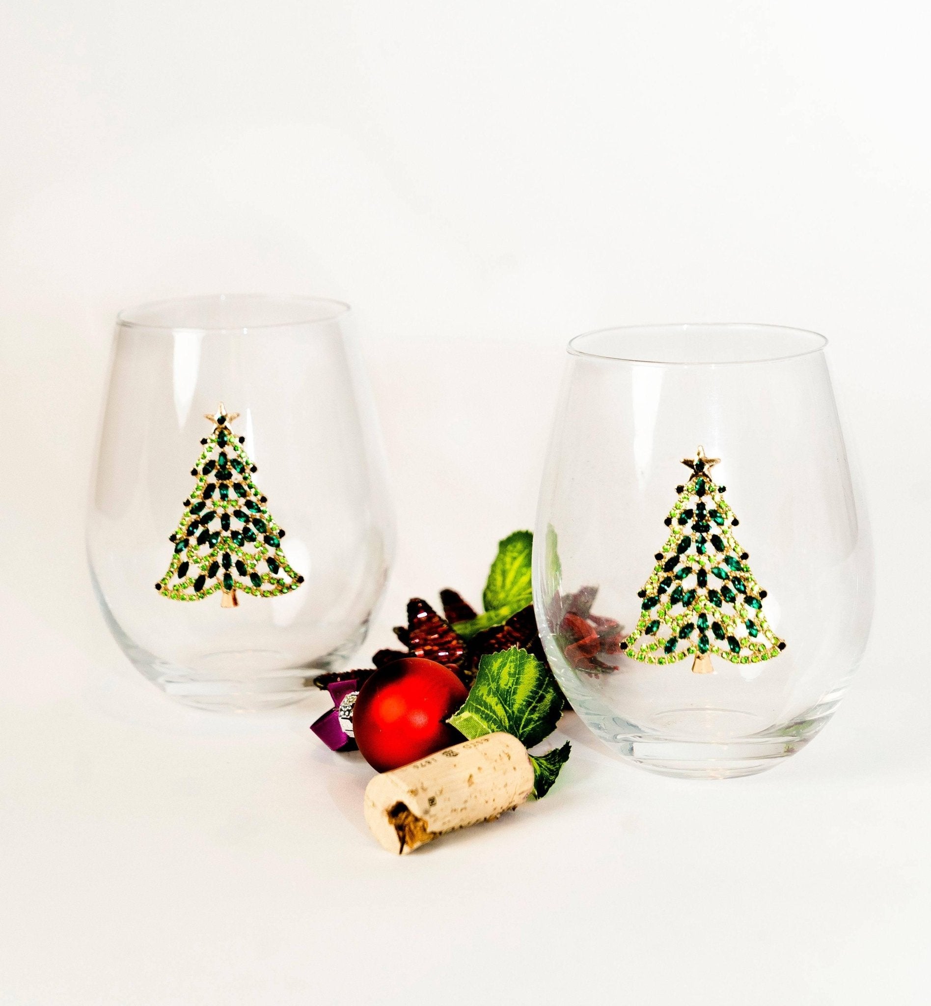 Bedazzled Christmas Tree Stemless Wine Glasses - Che Cose Belle