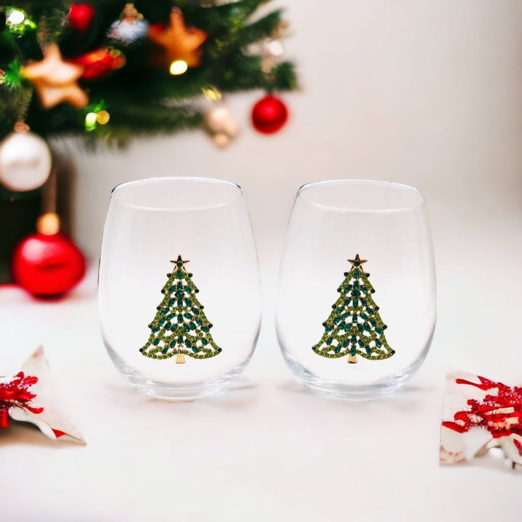 Bedazzled Christmas Tree Stemless Wine Glasses - Che Cose Belle