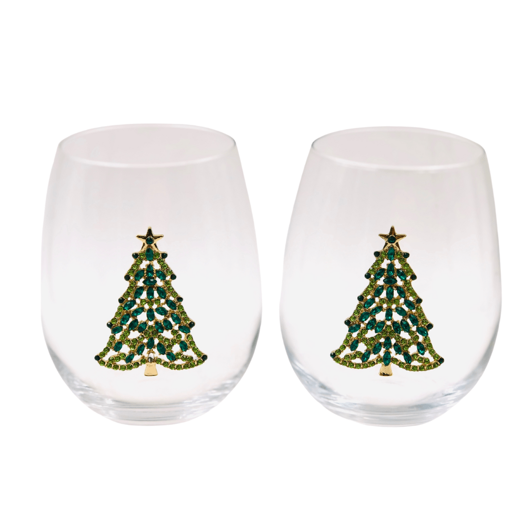 Bedazzled Christmas Tree Stemless Wine Glasses - Che Cose Belle