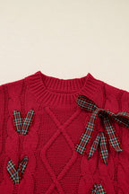 Red Plaid Lace-Up Puff Sleeve Sweater