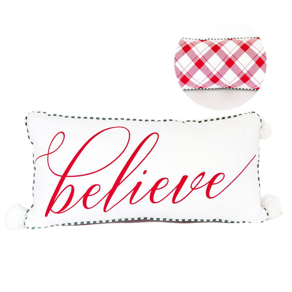 Large Red Christmas Throw Pillow Believe Holiday Decorative Pillow Red White Premium