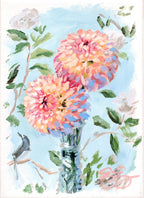 Best Buds: two peach dahlias in crystal vase (No. 503) - 5 x 7 acrylic painting on canvas - Che Cose Belle