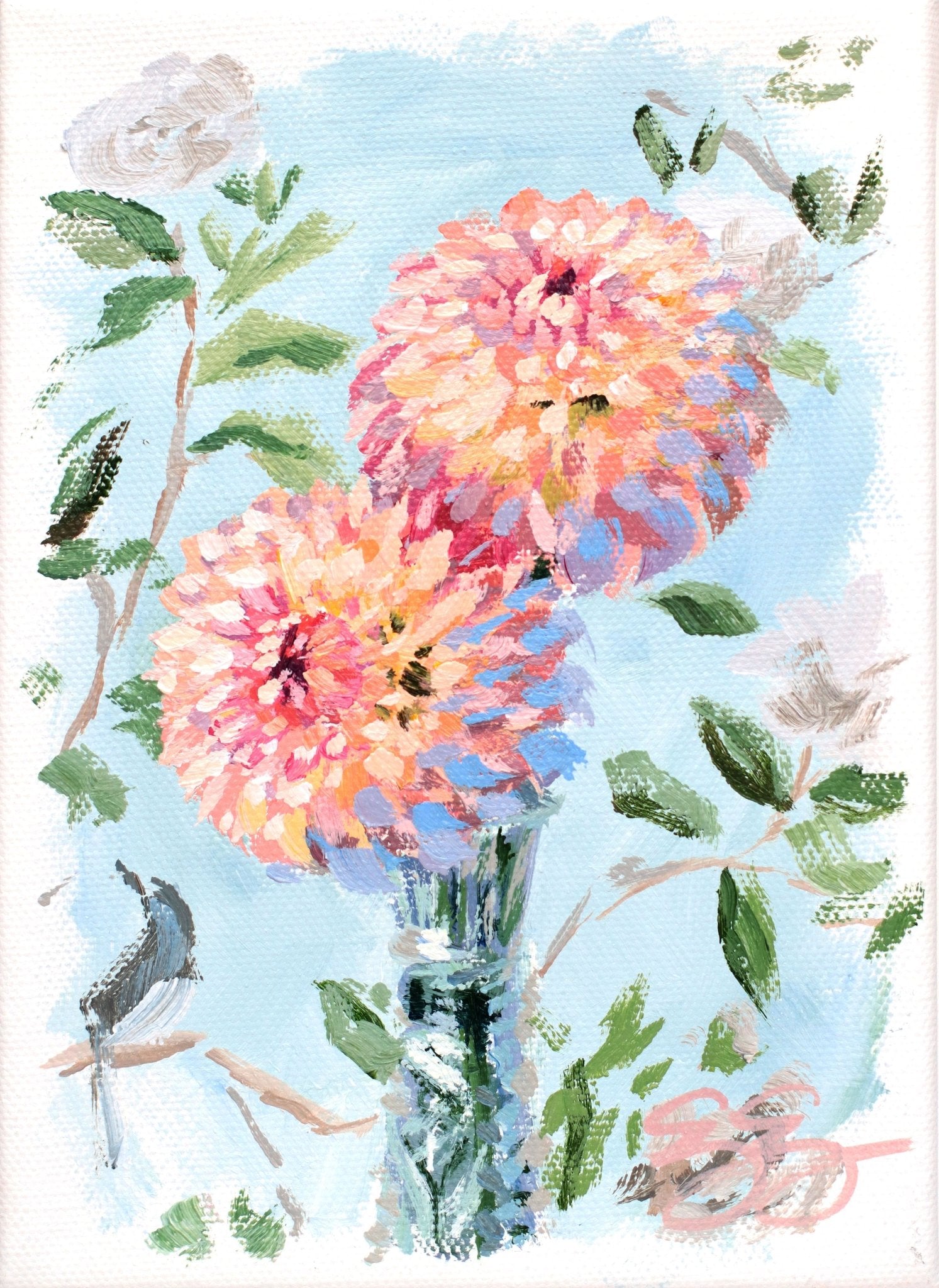 Best Buds: two peach dahlias in crystal vase (No. 503) - 5 x 7 acrylic painting on canvas - Che Cose Belle
