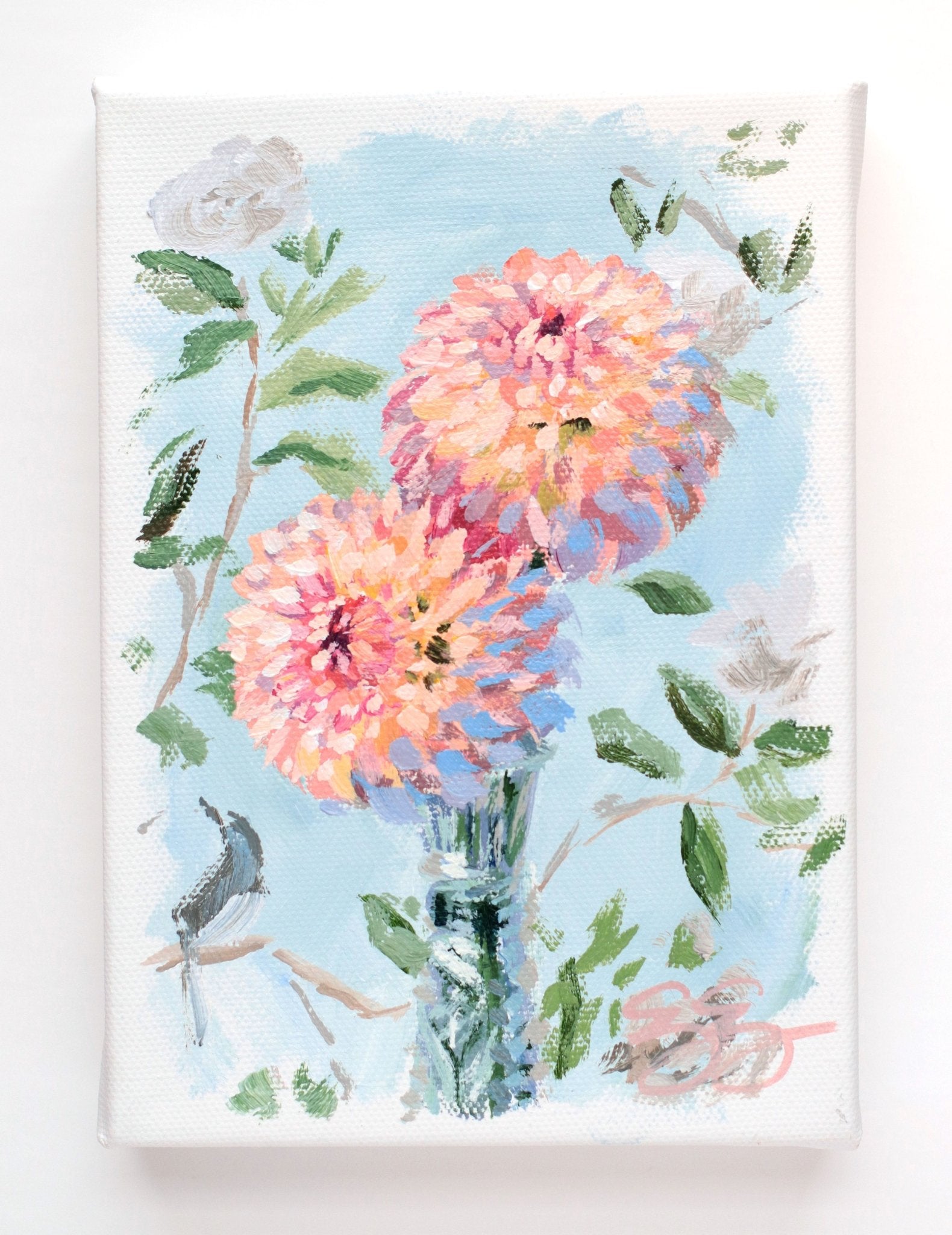 Best Buds: two peach dahlias in crystal vase (No. 503) - 5 x 7 acrylic painting on canvas - Che Cose Belle
