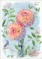 Best Buds: two peach dahlias in crystal vase (No. 503) - 5 x 7 acrylic painting on canvas - Che Cose Belle