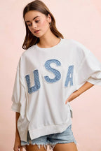 BiBi 4th Of July Usa Letter Patchwork French Terry Top - Che Cose Belle