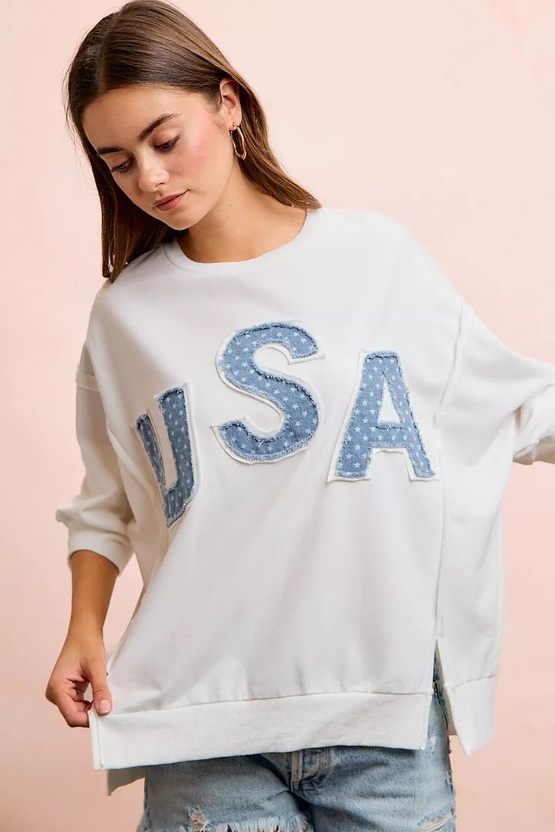 BiBi 4th Of July Usa Letter Patchwork French Terry Top - Che Cose Belle