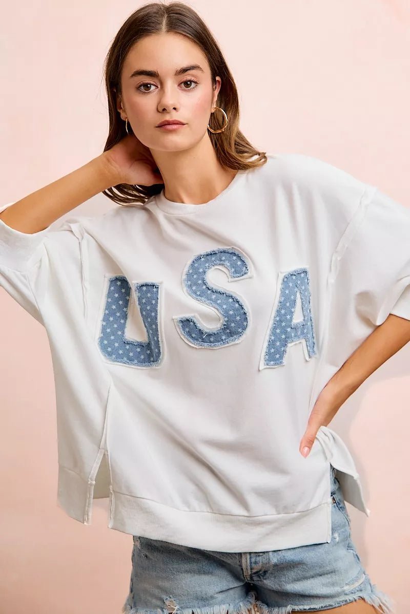 BiBi 4th Of July Usa Letter Patchwork French Terry Top - Che Cose Belle