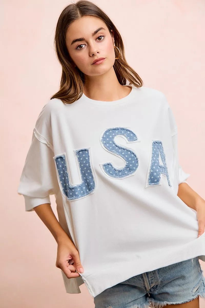 BiBi 4th Of July Usa Letter Patchwork French Terry Top - Che Cose Belle
