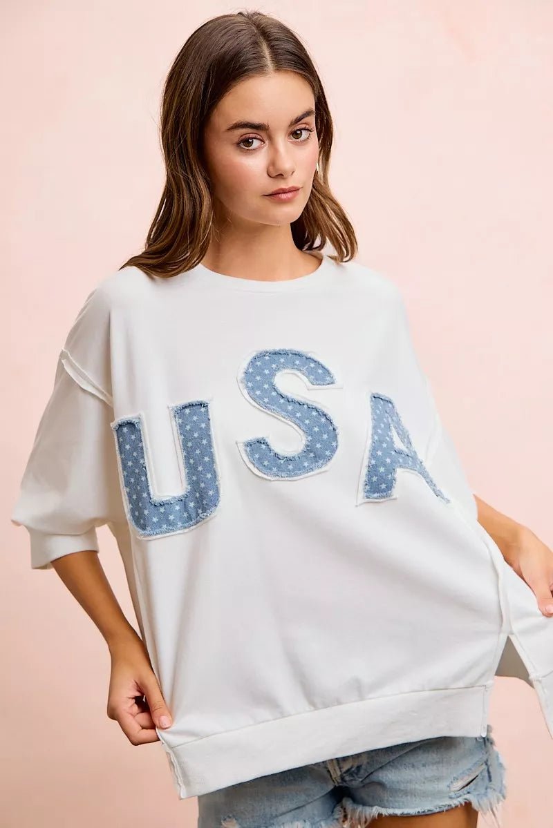 BiBi 4th Of July Usa Letter Patchwork French Terry Top - Che Cose Belle