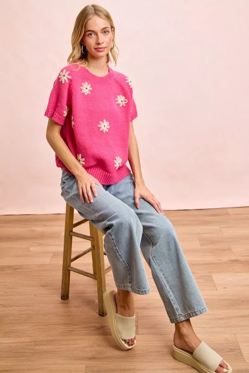 BiBi Flower Embroidered Short Sleeves Knit Top - Che Cose Belle