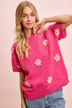 BiBi Flower Embroidered Short Sleeves Knit Top - Che Cose Belle