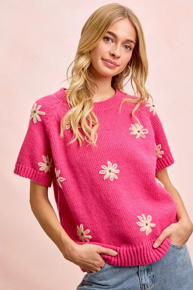 BiBi Flower Embroidered Short Sleeves Knit Top - Che Cose Belle
