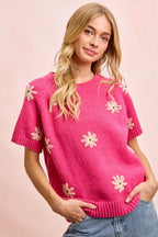 BiBi Flower Embroidered Short Sleeves Knit Top - Che Cose Belle