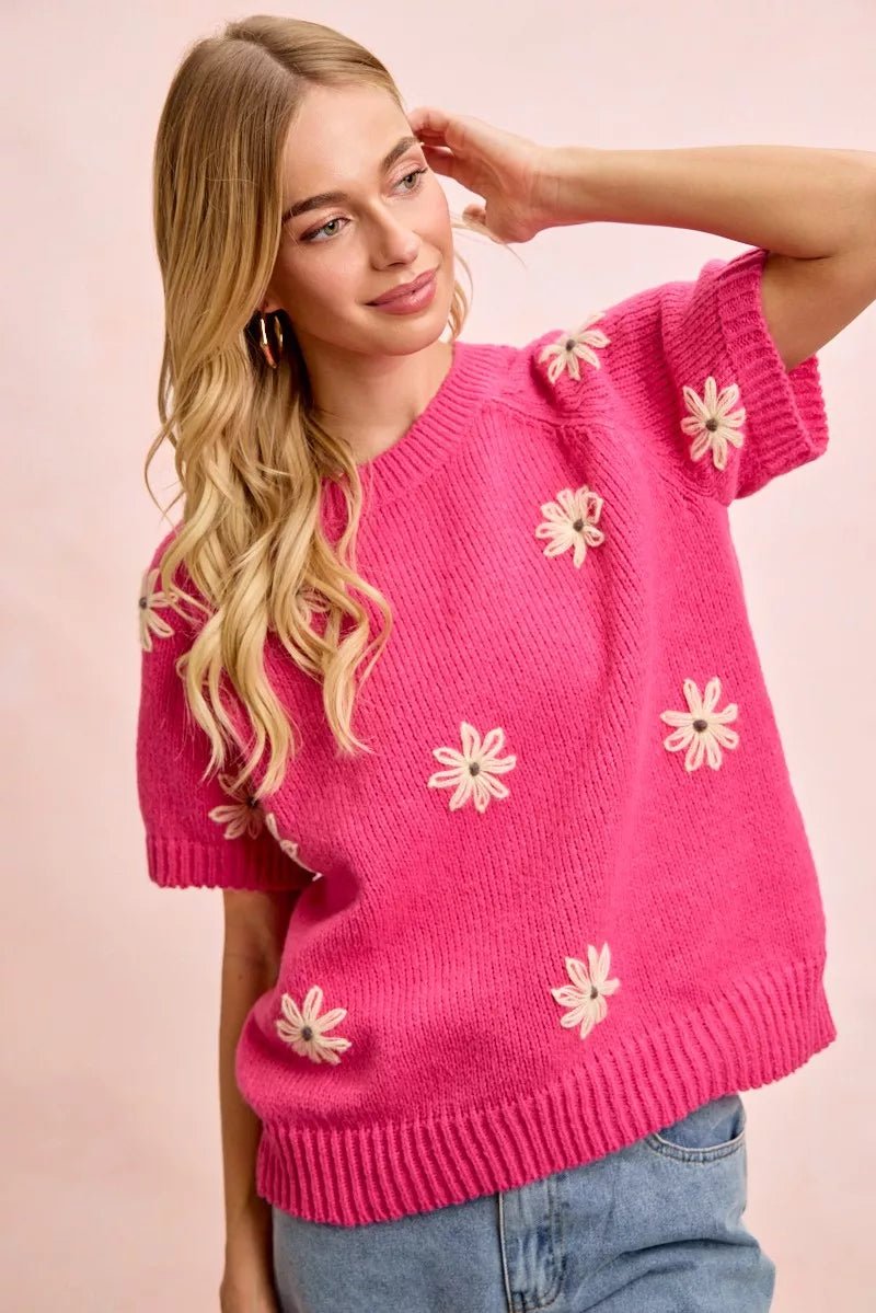 BiBi Flower Embroidered Short Sleeves Knit Top - Che Cose Belle