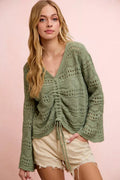 BiBi Pointelle Knit V Neck Ruched Front Lightweight Top - Che Cose Belle