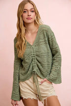BiBi Pointelle Knit V Neck Ruched Front Lightweight Top - Che Cose Belle