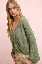 BiBi Pointelle Knit V Neck Ruched Front Lightweight Top - Che Cose Belle