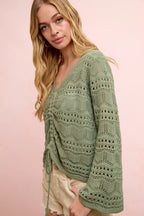BiBi Pointelle Knit V Neck Ruched Front Lightweight Top - Che Cose Belle