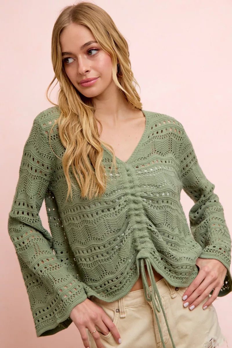 BiBi Pointelle Knit V Neck Ruched Front Lightweight Top - Che Cose Belle