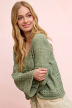 BiBi Pointelle Knit V Neck Ruched Front Lightweight Top - Che Cose Belle