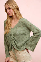 BiBi Pointelle Knit V Neck Ruched Front Lightweight Top - Che Cose Belle