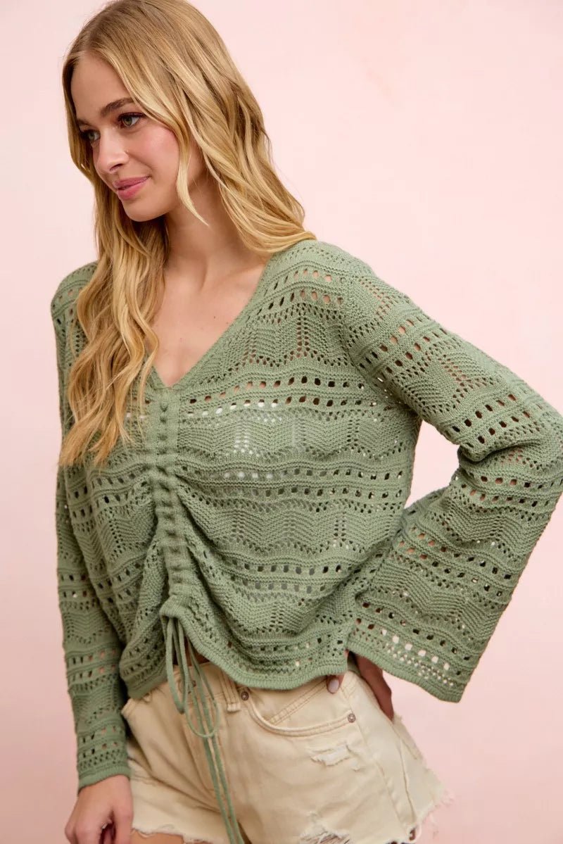 BiBi Pointelle Knit V Neck Ruched Front Lightweight Top - Che Cose Belle
