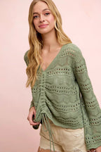 BiBi Pointelle Knit V Neck Ruched Front Lightweight Top - Che Cose Belle