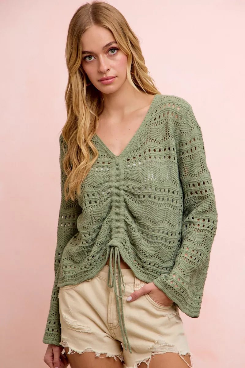 BiBi Pointelle Knit V Neck Ruched Front Lightweight Top - Che Cose Belle
