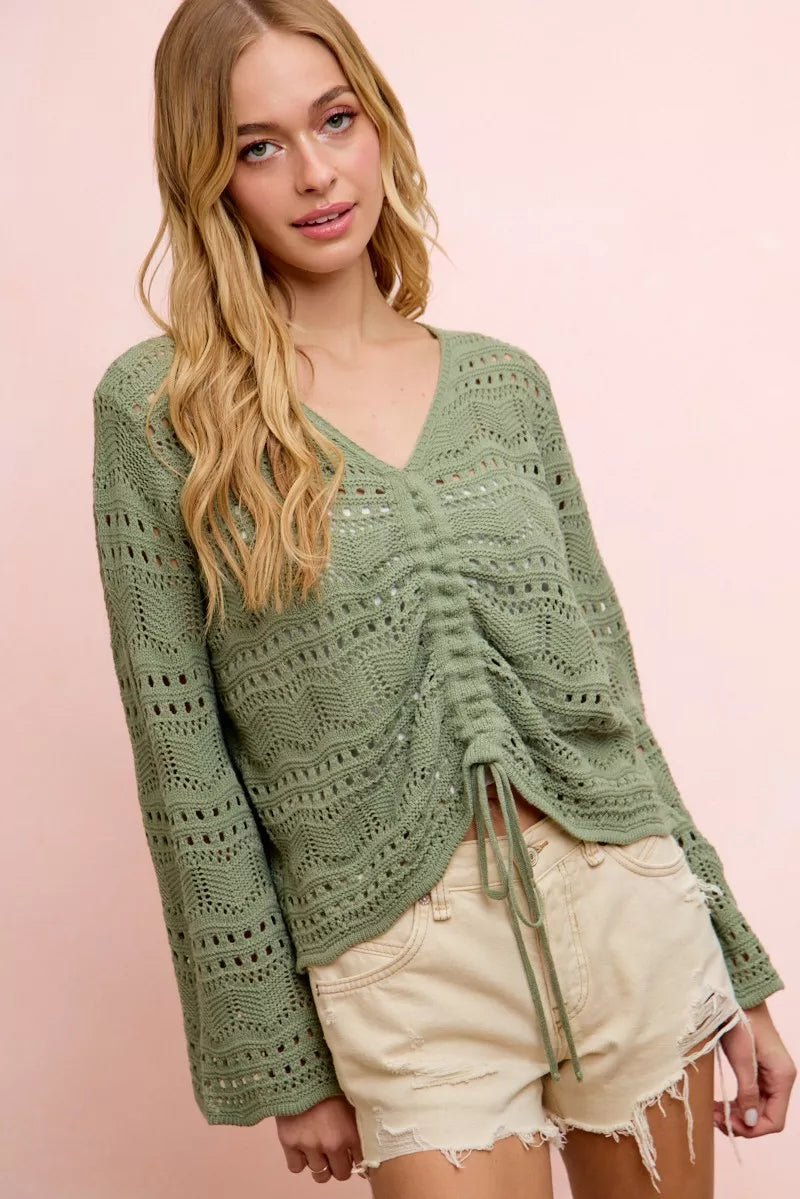 BiBi Pointelle Knit V Neck Ruched Front Lightweight Top - Che Cose Belle