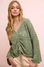 BiBi Pointelle Knit V Neck Ruched Front Lightweight Top - Che Cose Belle