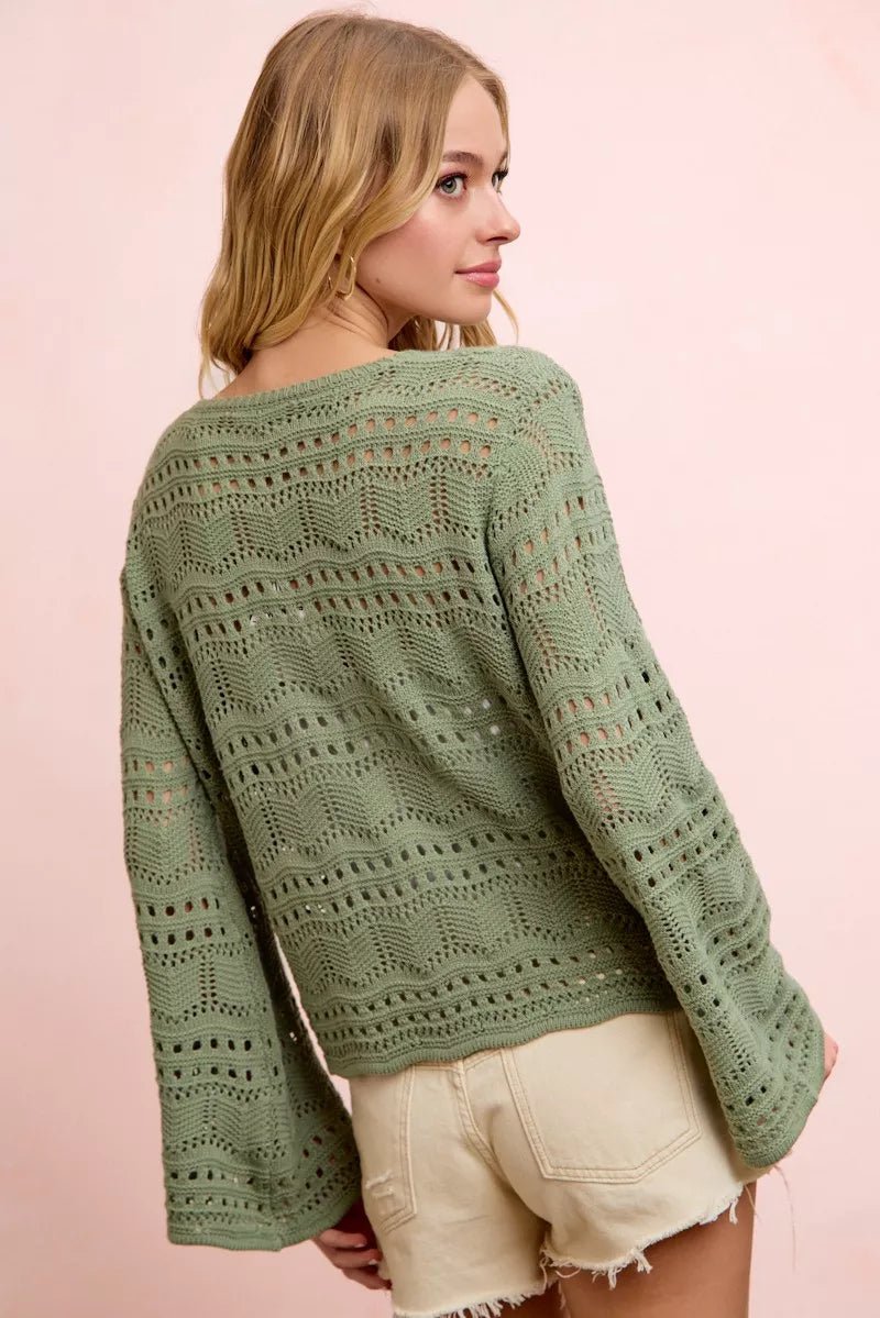 BiBi Pointelle Knit V Neck Ruched Front Lightweight Top - Che Cose Belle
