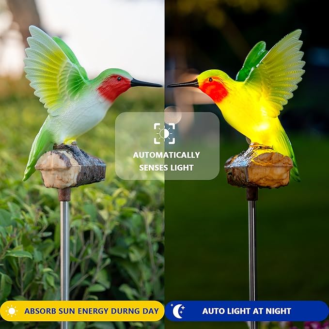 Birdsong Hummingbird Garden Decor Statues Stake Figurine Solar Lights for Outside Lawn Yard Porch Patio Flowerbed Christmas Decorations Outdoor for Moms Birthday (Green Hummingbird) - Che Cose Belle