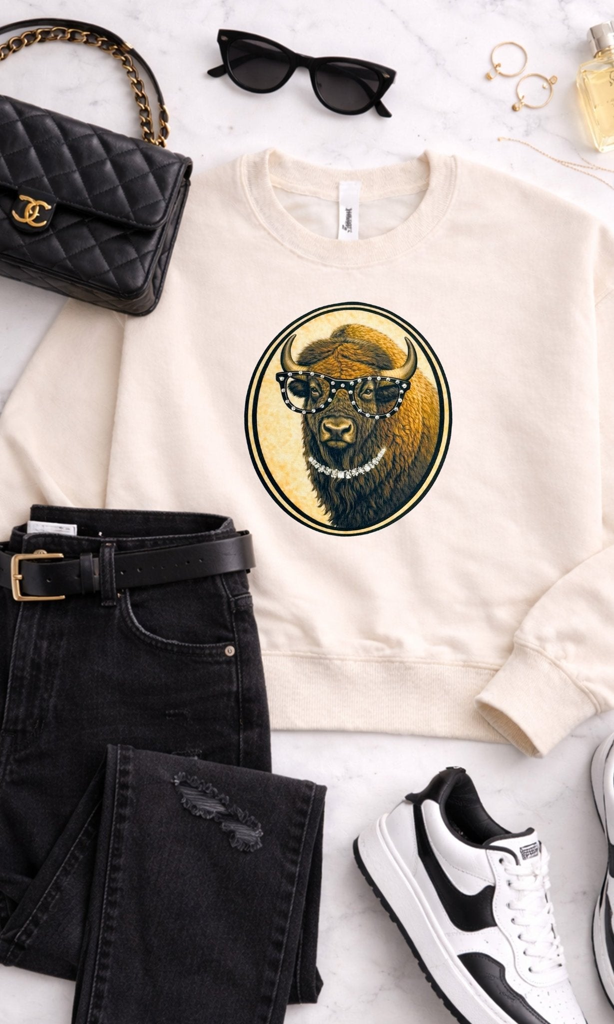 Bison with Rhinestone Specs Graphic Sweatshirt - Che Cose Belle