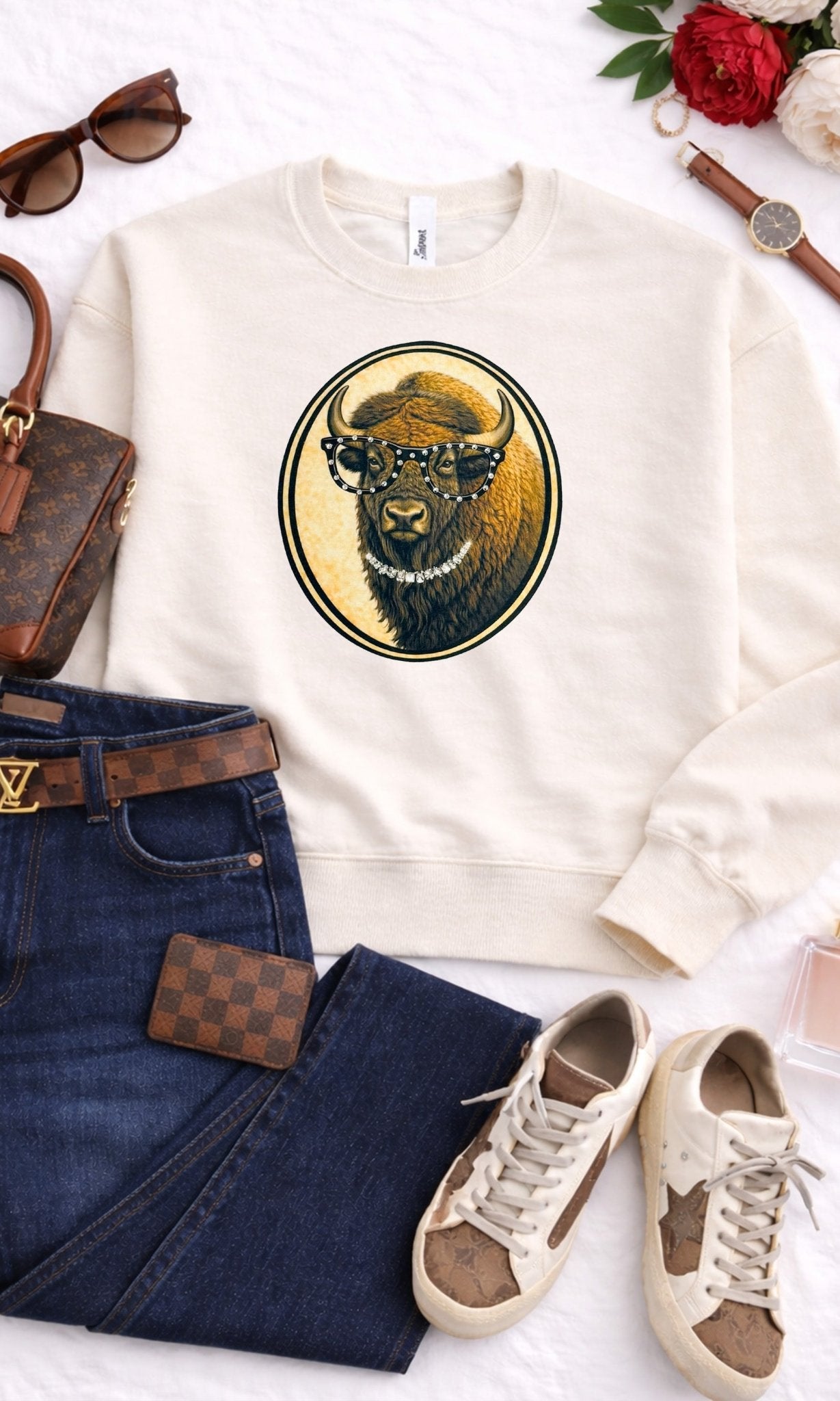 Bison with Rhinestone Specs Graphic Sweatshirt - Che Cose Belle