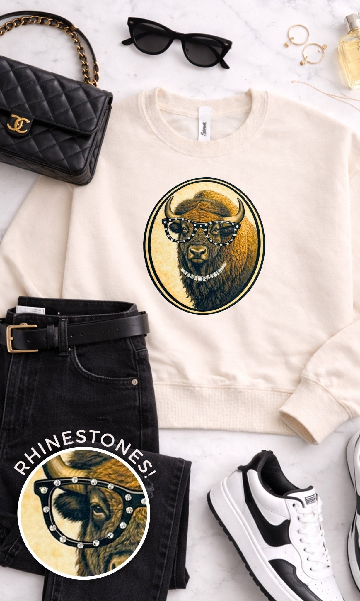 Bison with Rhinestone Specs Graphic Sweatshirt - Che Cose Belle