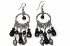 Black Bead Dangle Earrings Boho Chandelier Silver Leaf - Che Cose Belle