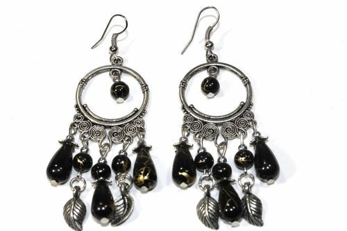 Black Bead Dangle Earrings Boho Chandelier Silver Leaf - Che Cose Belle