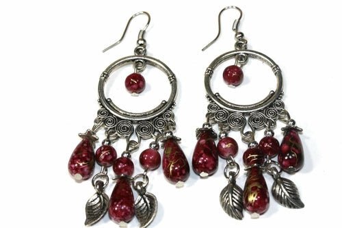 Black Bead Dangle Earrings Boho Chandelier Silver Leaf - Che Cose Belle
