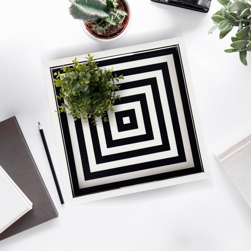 Black White Concentric Tray Coffee Table Ottoman 11x17 12x12 - Che Cose Belle