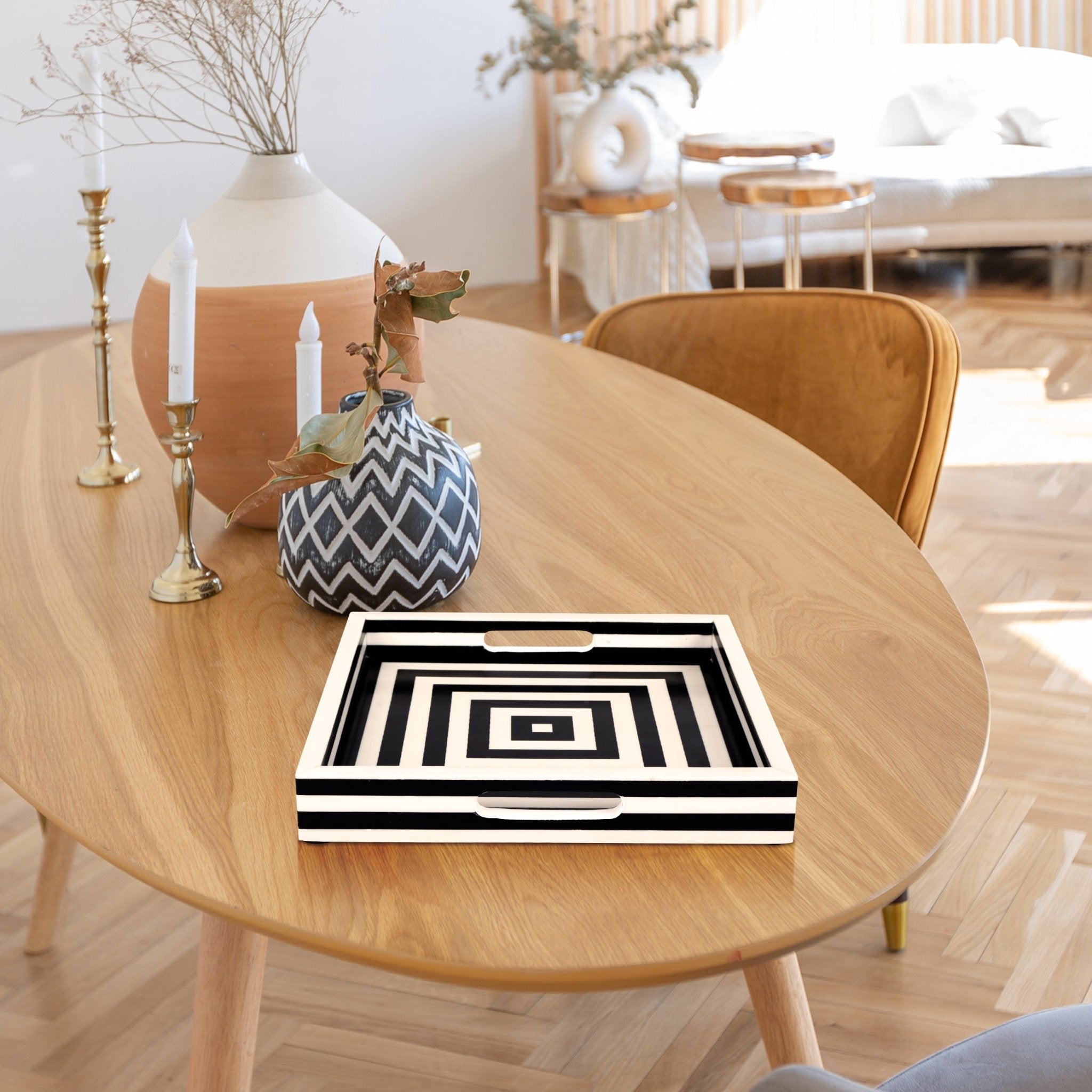 Black White Concentric Tray Coffee Table Ottoman 11x17 12x12 - Che Cose Belle