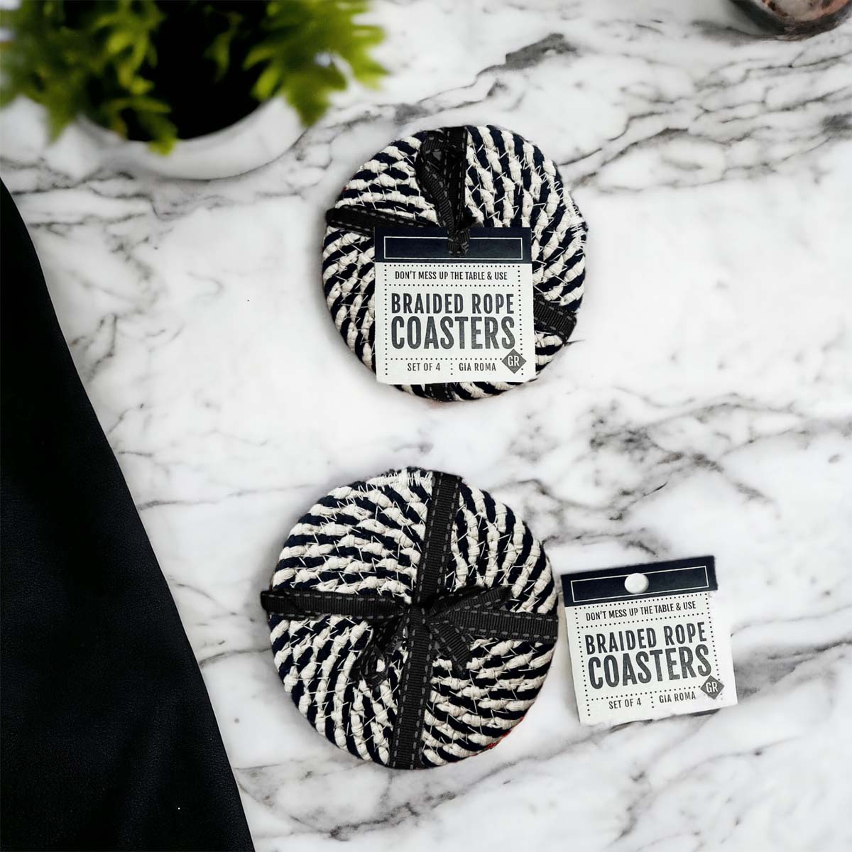 Black Braided Coaster Set 4-Pack Candy Cane Stripe Coasters Table Protectors