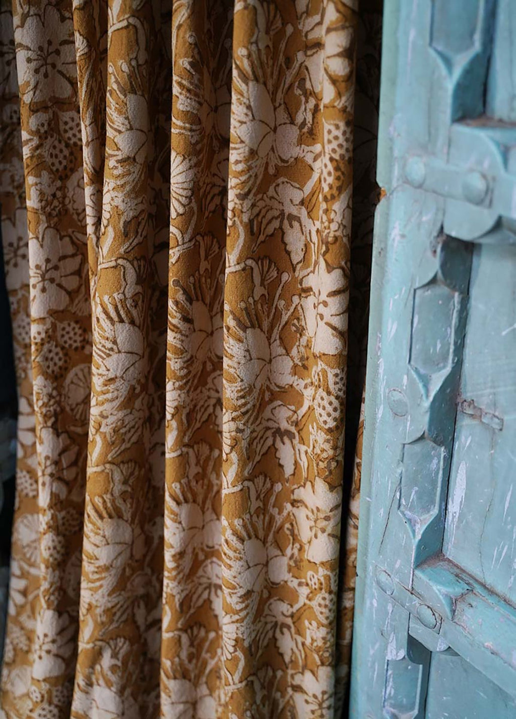 Block Print Curtain, Naturally Dyed Window Panel - Hope Floral 84" - Che Cose Belle