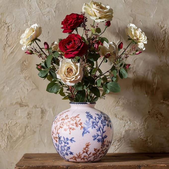 Blue-and-White Vintage Round vase, Chinese-Style Porcelain Blue vase, Suitable for Home Decor, Living Room Coffee Table, Office, Rustic Farmhouse Dining Table Centerpiece, and Tabletop Decoration. - Che Cose Belle